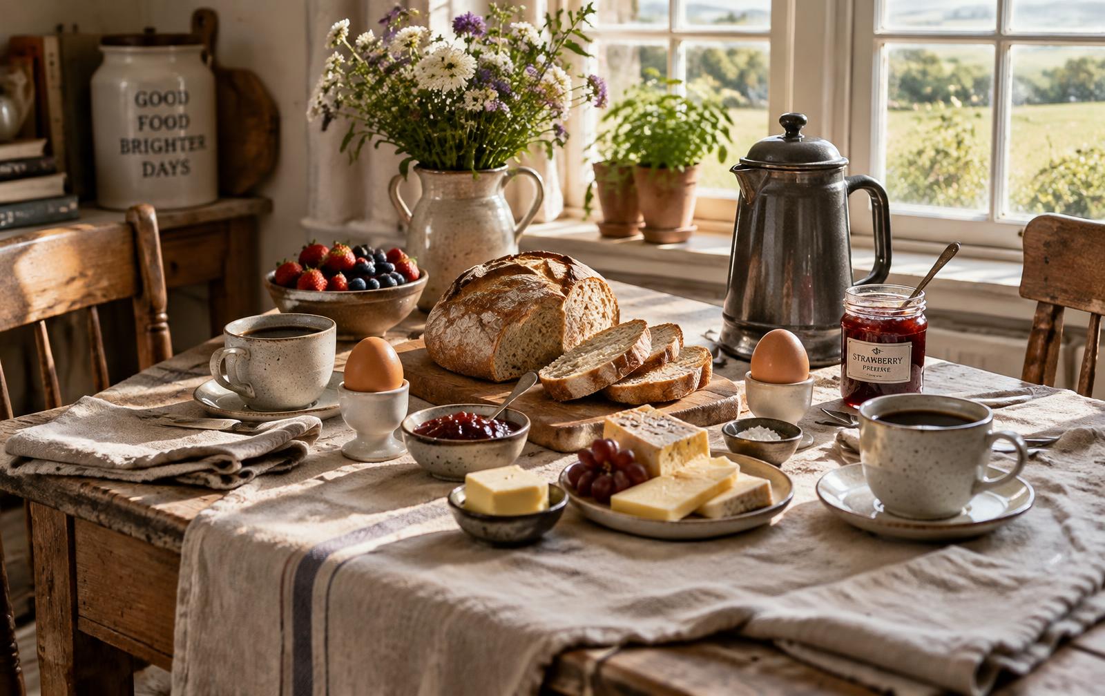 Gedekte ontbijttafel met brood en koffie