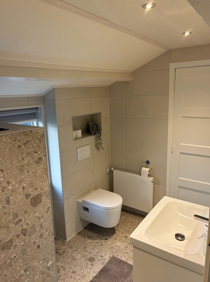 Badkamer met douche en wastafel